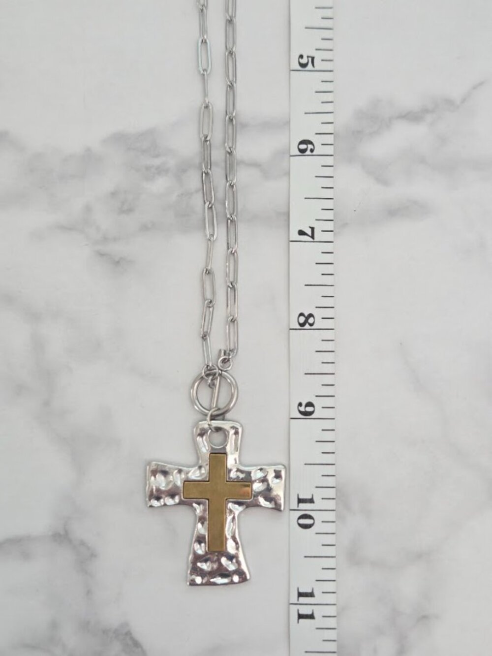 Two Tone Hammered Silver Gold Cross Pendant Paperclip Chain Toggle Necklace - Picture 15 of 15